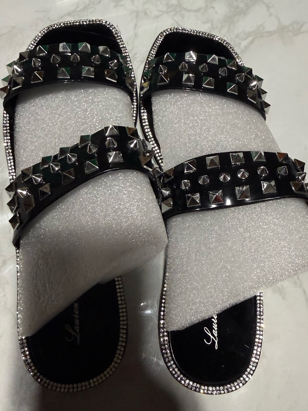 Lauren Lorraine Black Studded Double-Strap Slide Sandals with Rhinestone Trim